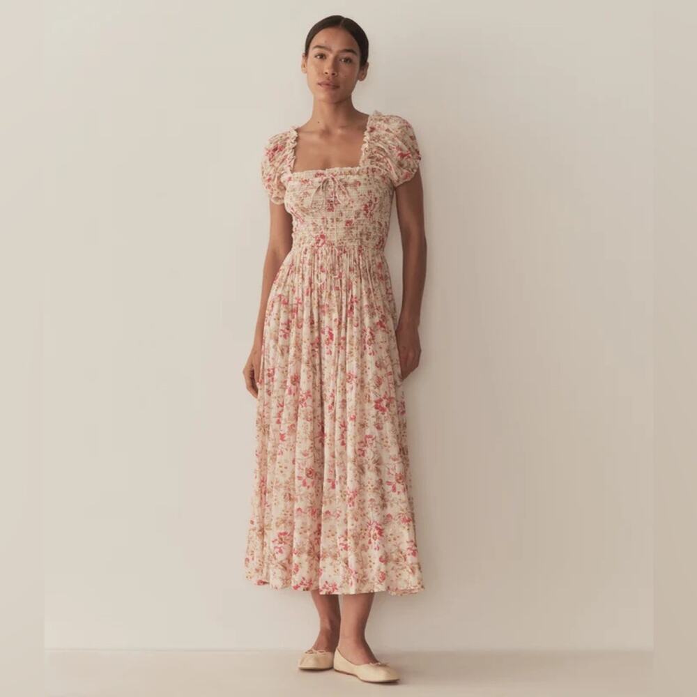 Doen Stanza Cotton Smocked Short Sleeve Maxi Dress Fleurs De Provence Floral